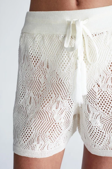 Peraluna EMMA SHORTS Dantel Örgü Beli Lastikli Mini Kadın Triko Şort - Ekru - 6