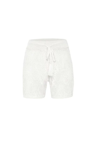Peraluna EMMA SHORTS Dantel Örgü Beli Lastikli Mini Kadın Triko Şort - Ekru - 8