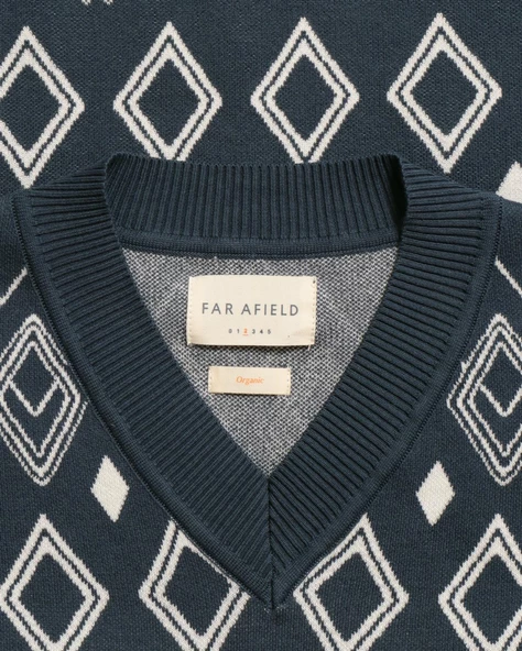 Far Afield PINTO KNITTED VEST-DIAMONDS V Yaka Baklava Desen %100 Organik Pamuk Erkek Triko Süveter - Lacivert - 3