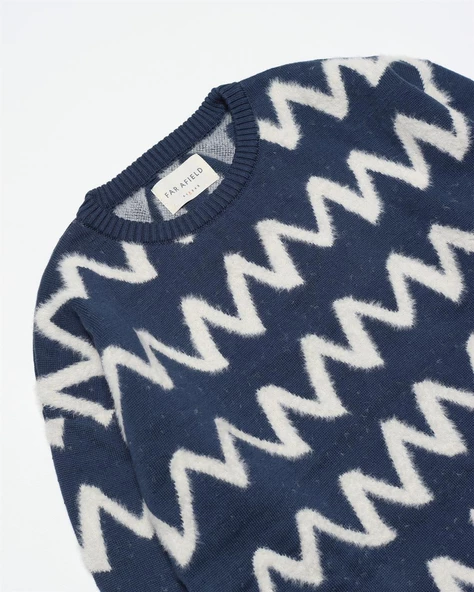 Far Afield DROP SHOULDER KNIT - ZIG Bisiklet Yaka Standart Kesim Zigzag Desen Erkek Triko Kazak - Lacivert - 3