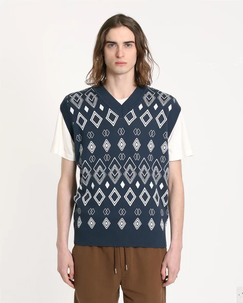 Far Afield PINTO KNITTED VEST-DIAMONDS V Yaka Baklava Desen %100 Organik Pamuk Erkek Triko Süveter - Lacivert - 2