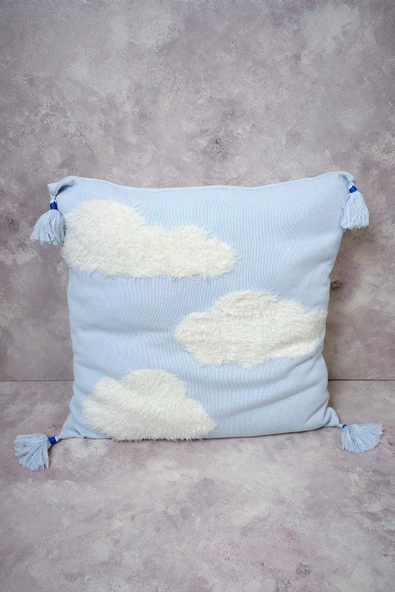 Peraluna CLOUDY PILLOW Pamuklu Bulut Desenli Triko Yastık Kılıfı 60X60 CM - Açık Mavi/Ekru - 3