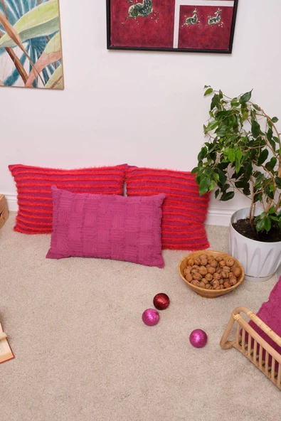 Peraluna FOAM PILLOW Şifon Şerit Triko Yastık Kılıfı 60X40 CM - Fuşya - 7
