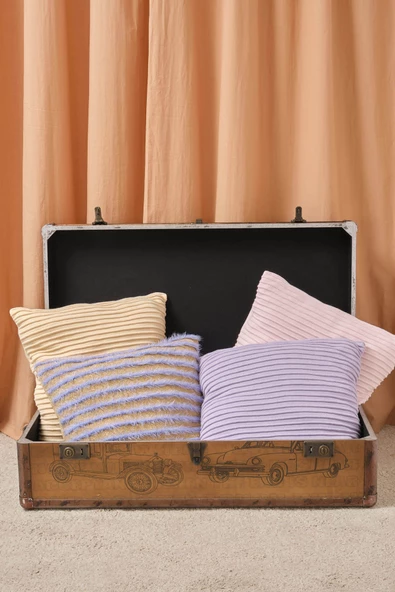 Peraluna LUXURY PILLOW Simli Çizgili Triko Yastık Kılıfı 45X45 CM - Açık Lila/Gold - 7