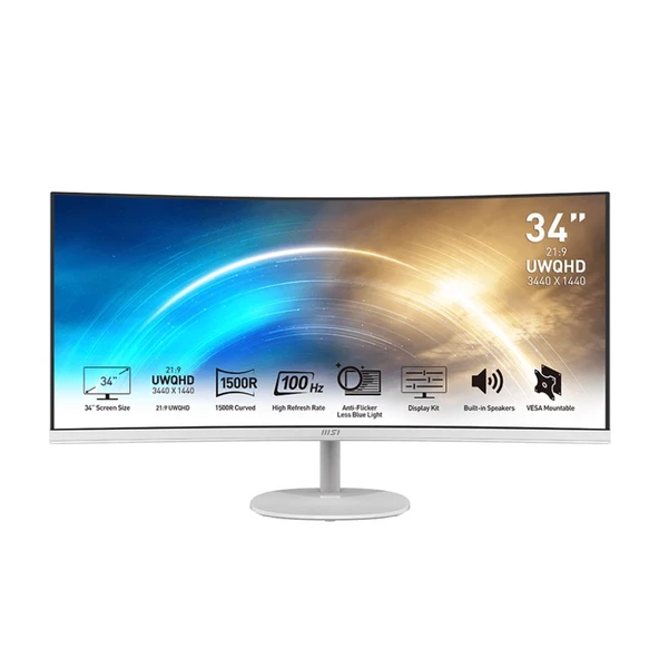 Msı Pro Mp341cqw 34" 3440 X 1440 (Qhd) Va 4Ms 100Hz 21:9 Professional Beyaz Kavisli Monitör