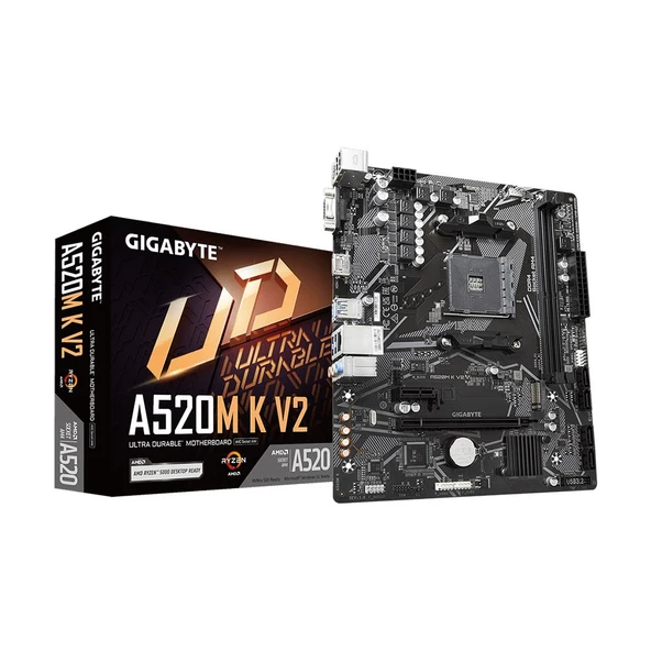 GIGABYTE A520M K V2 AMD A520 Soket AM4 DDR4 5100MHz (O.C.) M.2 mATX Anakart