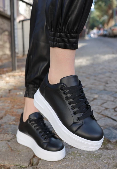 Tomiross-Carol Kadın Siyah Beyaz Poli Taban Bağcıklı Spor Sneaker Ayakkabı CRL-2810 - 4