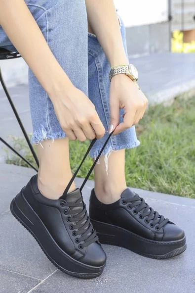 Tomiross-Carol Kadın Siyah Siyah Poli Taban Bağcıklı Spor Sneaker Ayakkabı CRL-2810 - 6