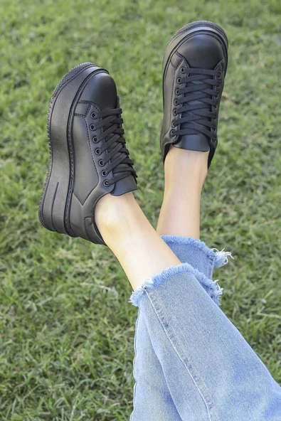 Tomiross-Carol Kadın Siyah Siyah Poli Taban Bağcıklı Spor Sneaker Ayakkabı CRL-2810 - 5