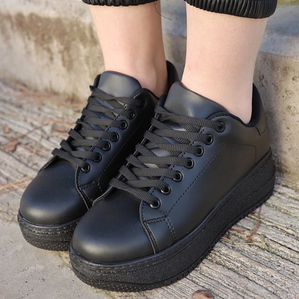 Tomiross-Carol Kadın Siyah Siyah Poli Taban Bağcıklı Spor Sneaker Ayakkabı CRL-2810 - 2