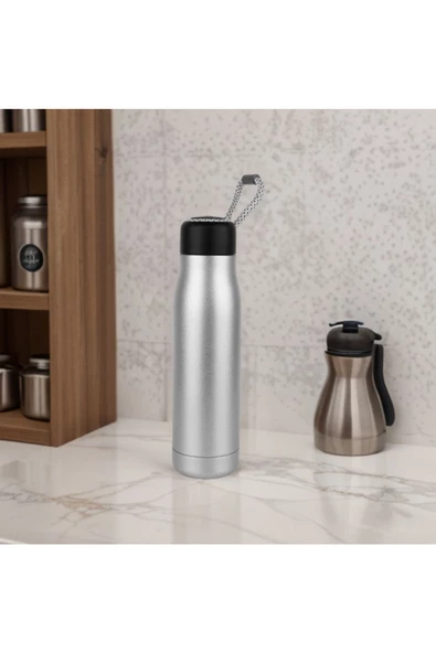 Paslanmaz Çelik 600 Ml Termos Mug Taşıma İpli SIcak ve Soğuk Muhafazalı Mug Kamp Piknik Spor - 3