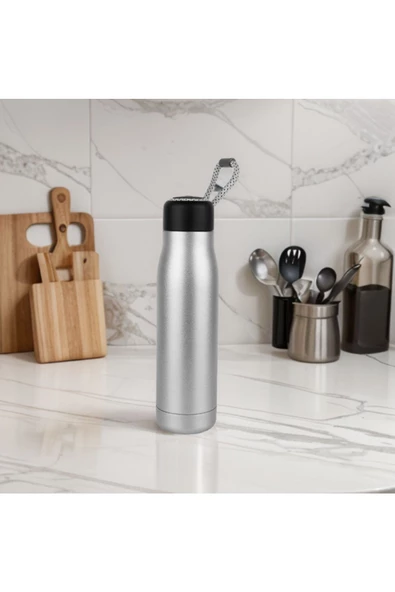 Paslanmaz Çelik 600 Ml Termos Mug Taşıma İpli SIcak ve Soğuk Muhafazalı Mug Kamp Piknik Spor - 4