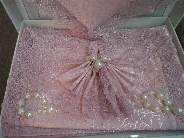 Gold Dantelli Masa Örtüsü Takımı 26 parça Pudra Pembe - 2