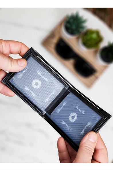 Vegan Deri Cüzdan 10 Kart Bölmeli Klasik Şık Vegan Deri İnce Kelebek Model Siyah - 4