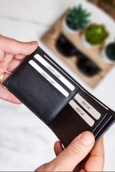 Vegan Deri Cüzdan 10 Kart Bölmeli Klasik Şık Vegan Deri İnce Kelebek Model Siyah - 2