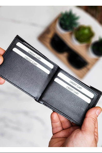 Vegan Deri Cüzdan 10 Kart Bölmeli Klasik Şık Vegan Deri İnce Kelebek Model Siyah - 5