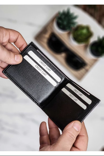 Vegan Deri Cüzdan 10 Kart Bölmeli Klasik Şık Vegan Deri İnce Kelebek Model Siyah - 6