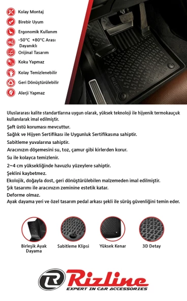 Rizline Dacia Duster 4x2 2023 Sonrası 3D Havuzlu Paspas Siyah - 3