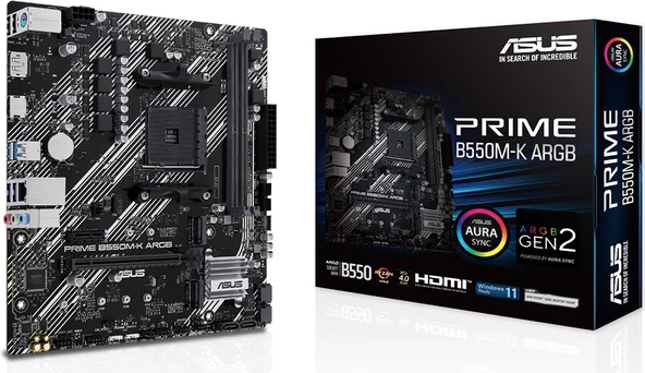 Asus Prime B550M-K Argb Amd B550 Am4 Ddr4 4866 Dp Hdmi Çift M2 Usb3.2 Aura Rgb Matx