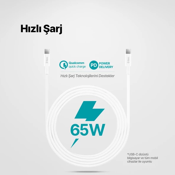 Ttec 2Metre 65W Süper Hızlı PD/QC Type C to Type C Şarj ve Data Kablosu, 480Mbps Hızlı Veri Aktarımlı Kablo - 2