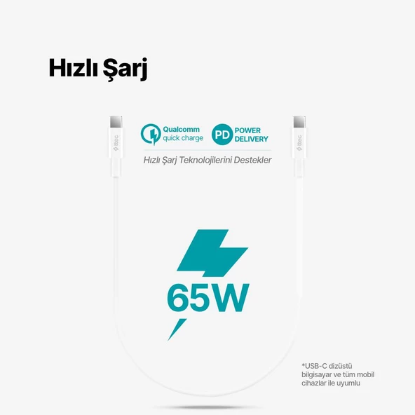 Ttec 65W 30CM PD/QC Mega Hızlı Type C to Type C Şarj ve Data Kablosu, Ultra Dayanıklı Powerbank Kablosu - 2