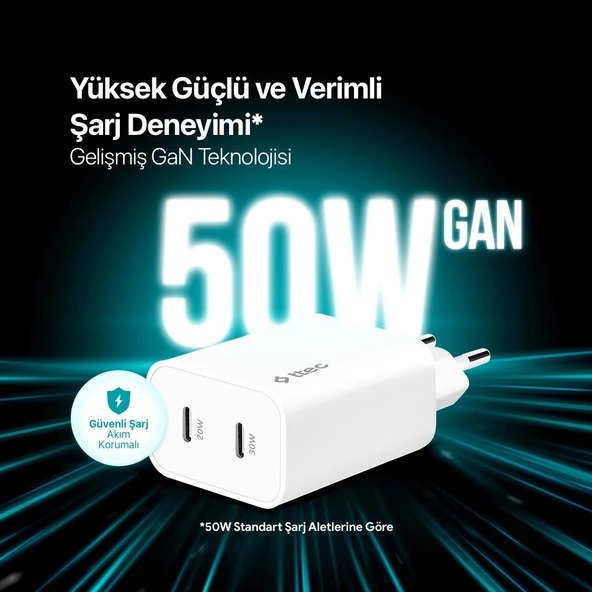Ttec Gan 50W 2x PD Type C Girişli Süper Hızlı Şarj Aleti, Isı ve Akım Korumalı Şarj Adaptörü Başlığı - 2
