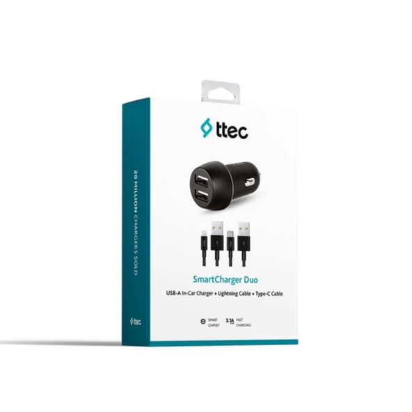 Ttec 15.5W 3.1A 1 Metre İphone Lightning ve 1.2 Metre Type C Kablolu Araç Şarj Cihazı, Akım ve Isı Korumalı - 2