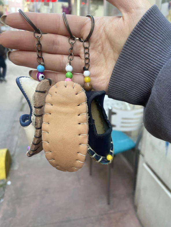 El Yapımı %100 Hakiki Deri Anahtarlık Mini Çarık - Resim 3