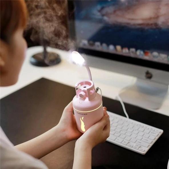 Tüp Şeklinde Hava Nemlendirici - Mini Fan + Led Lambalı Set PEMBE