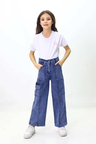 Kız Çocuk Mavi Komando Cepli Kot Pantolon - 3
