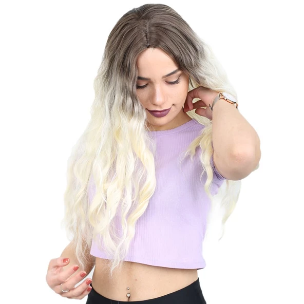 Su Dalgası Uzun Perçemsiz Fiber Sentetik Peruk - Küllü Açık Kahve / Platin Ombreli - Resim 3