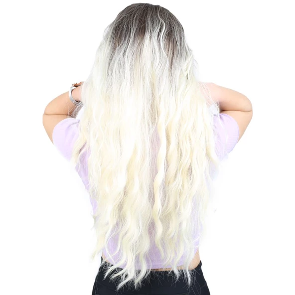 Su Dalgası Uzun Perçemsiz Fiber Sentetik Peruk - Küllü Açık Kahve / Platin Ombreli - Resim 4