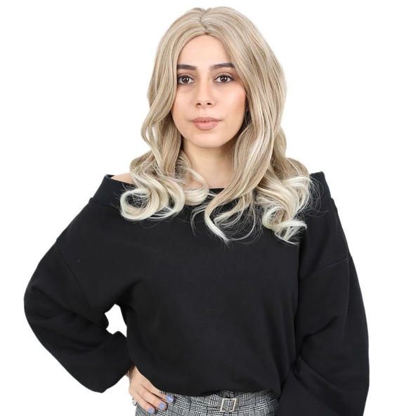 Kahkülsüz Fiber Sentetik Orta Boy Dalgalı Peruk - Karamel / Platin Röfleli ürün görseli