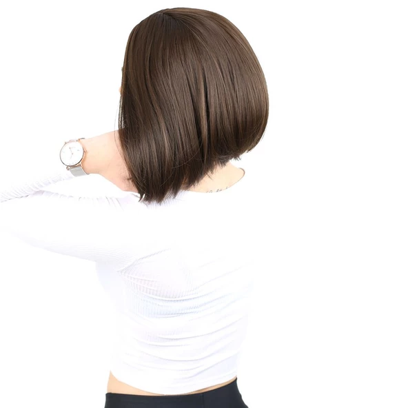 Kahkülsüz Düz Kısa Fiber Sentetik Peruk - Açık Kahve - Resim 3