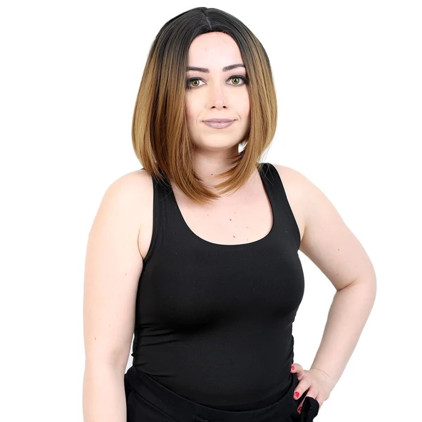 Kahkülsüz Düz Kısa Fiber Sentetik Peruk - Siyah / Karamel Ombreli ürün görseli