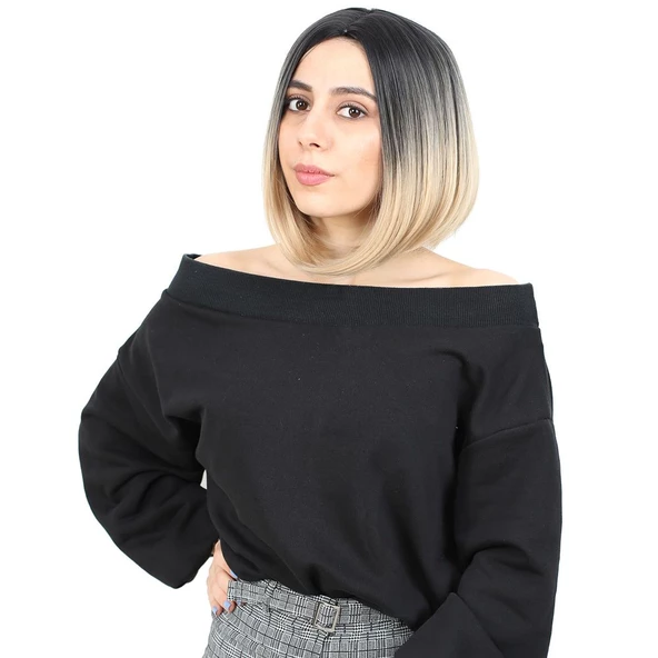 Kahkülsüz Düz Kısa Fiber Sentetik Peruk - Siyah / Balköpüğü Ombreli - Resim 3