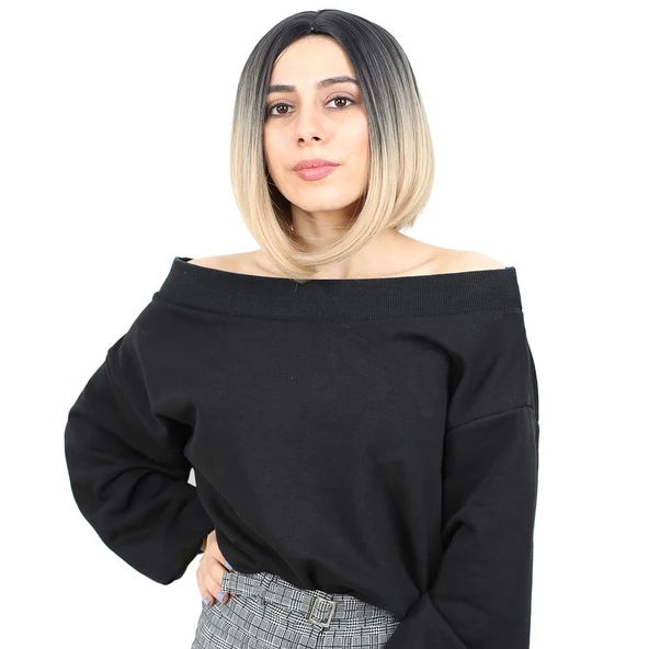 Kahkülsüz Düz Kısa Fiber Sentetik Peruk - Siyah / Balköpüğü Ombreli ürün görseli