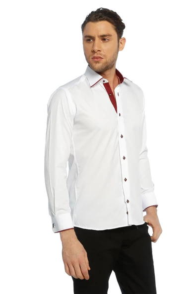Bordo Bieli Beyaz Micro Kumaş Kol Düğmeli Slim Fit Erkek Gömlek - 216-3 - Resim 4