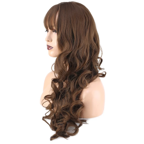 Dalgalı Perçemli Uzun Fiber Sentetik Peruk - Koyu Kumral - Resim 3