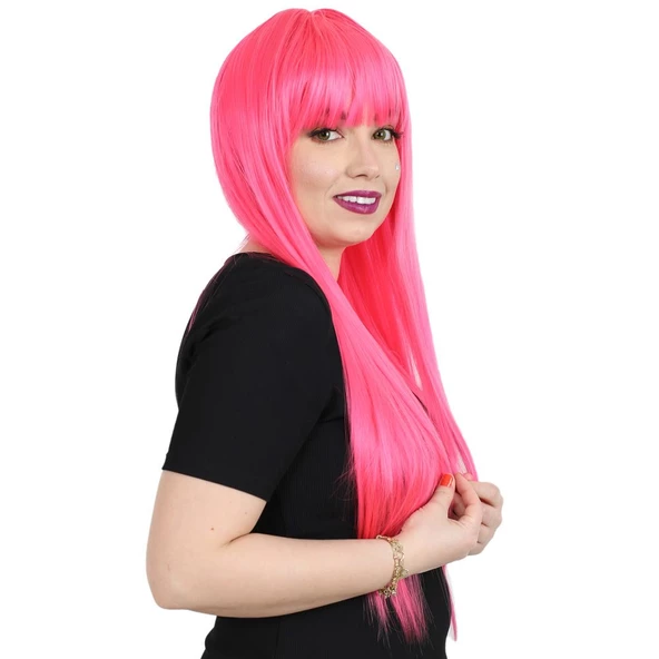Uzun Kahküllü Fiber Sentetik Peruk - Neon Pembe - Resim 2