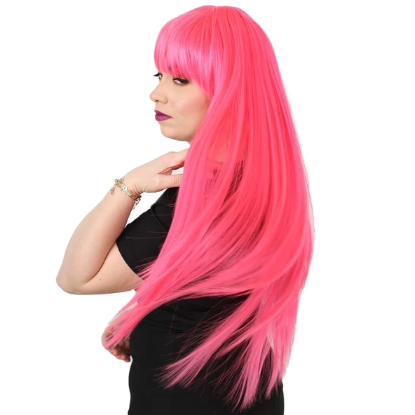 Uzun Kahküllü Fiber Sentetik Peruk - Neon Pembe - Resim 3