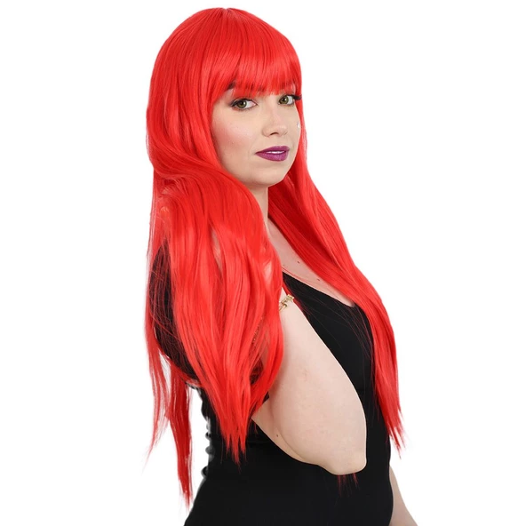 Uzun Kahküllü Fiber Sentetik Peruk - Kırmızı - Resim 2