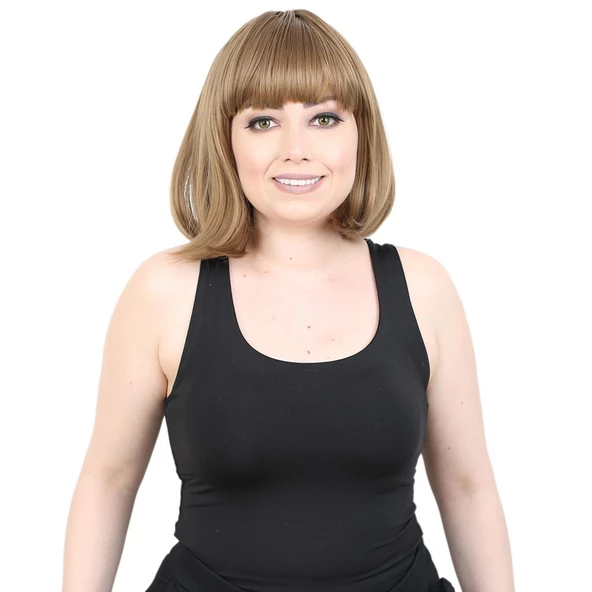 Kısa Küt Perçemli Fiber Sentetik Peruk - Bebek Kumralı - Resim 4