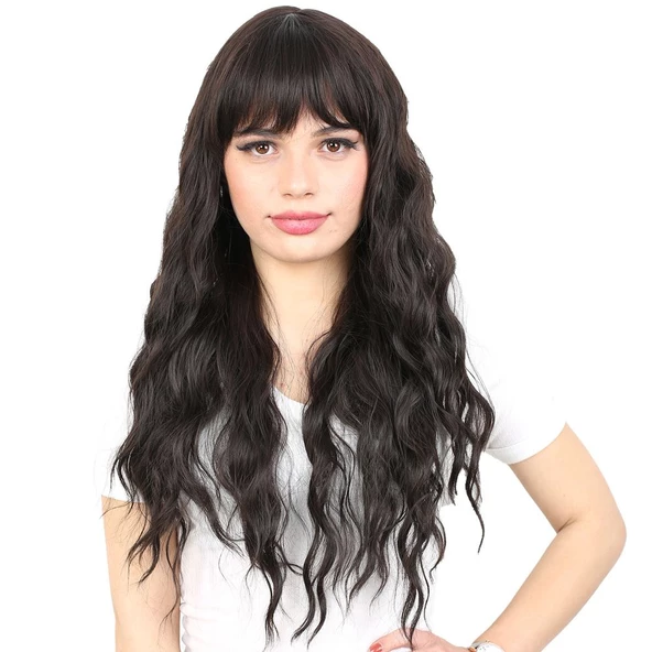 Perçemli Uzun Su Dalgası Fiber Sentetik Peruk- Kahverengi ürün görseli