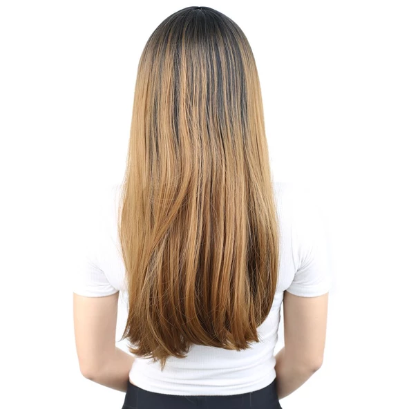 Fiber Sentetik Uzun Düz Peruk - Siyah / Karamel Ombreli - 4