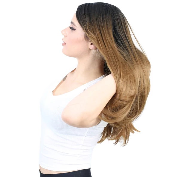 Fiber Sentetik Uzun Düz Peruk - Siyah / Karamel Ombreli - 3