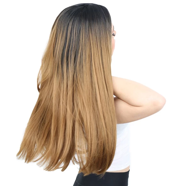 Fiber Sentetik Uzun Düz Peruk - Siyah / Karamel Ombreli - 2