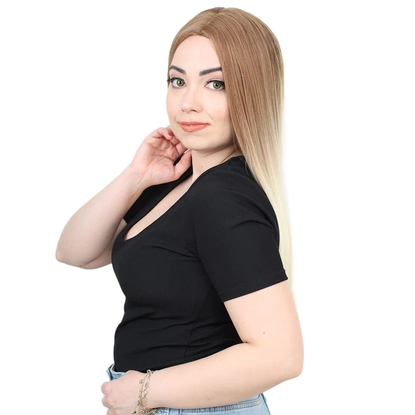 Fiber Sentetik Uzun Düz Peruk - Balköpüğü / Platin Ombreli - Resim 3