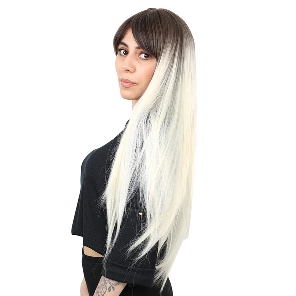 Fiber Sentetik Uzun Düz Kahküllü Peruk - Küllü Açık Kahve / Platin Ombreli - Resim 3