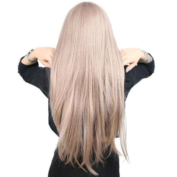 Fiber Sentetik Uzun Düz Kahküllü Peruk - Küllü Bebek Sarı - Resim 4